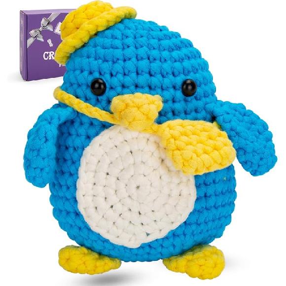 Набор для вязания крючком Auoinge для начинающих детей, Стартовый набор для обучения вязанию крючком с пошаговыми видеоуроками, Набор для вязания крючком амигуруми для начинающих взрослых, синий