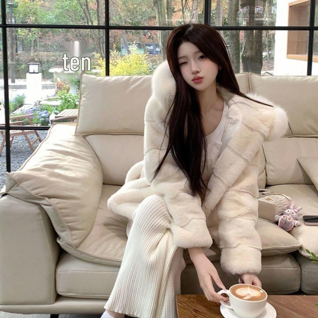 2025 Winter Eco-friendly Mid-length Hooded Faux Mink Velvet & Fox Fur Women's Coat