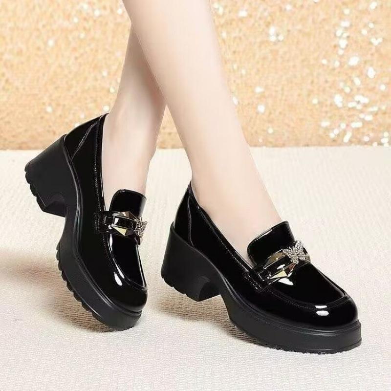 Loafers Women's 2025 Spring and Autumn New Mid-heeled British Leather Shoes Thick Heel Muffin Thick Sole Soft Sole High Heel Single Shoes