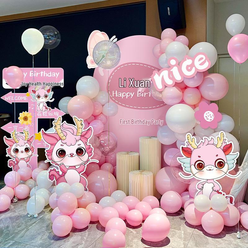 Dragon Baby Balloons & KT Board Backdrop for Girl's First Birthday Party