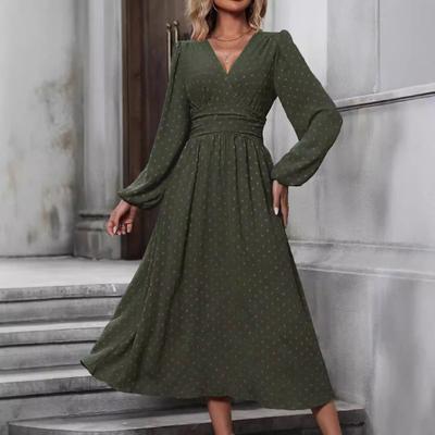 Women Spring Fall Dress V Neck Slim Waist Long Bubble Sleeves A-line Pleated