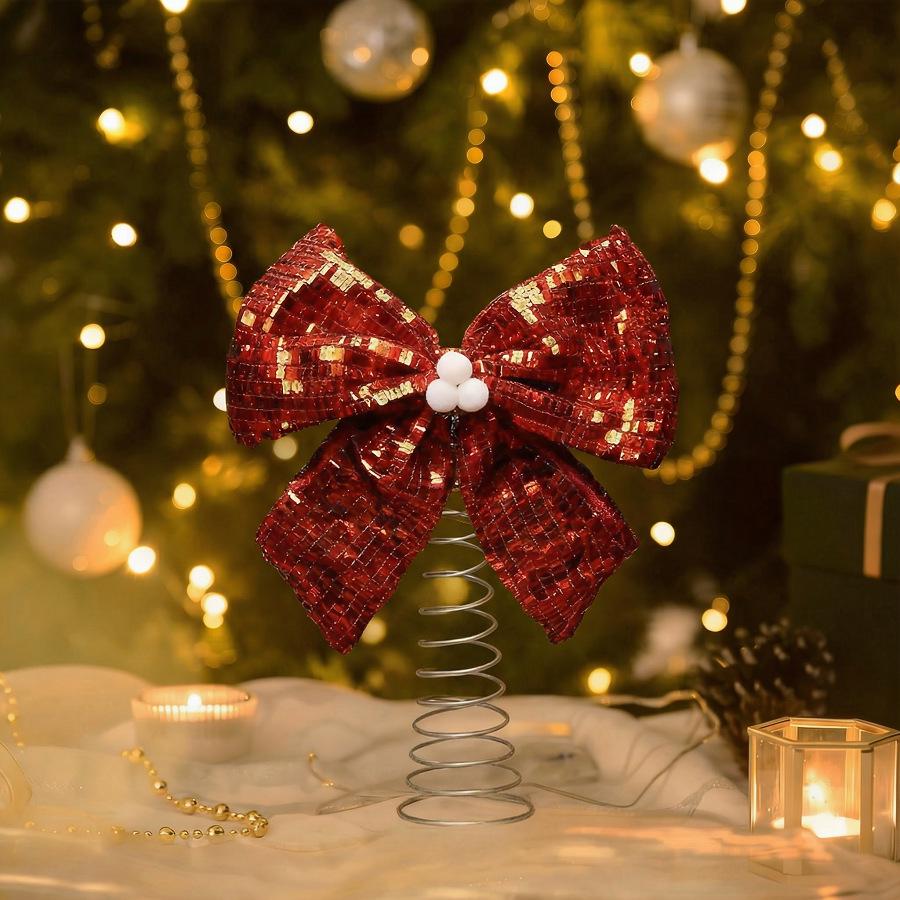 Large Shiny Sequin Bow Christmas Tree Topper with Spring Base