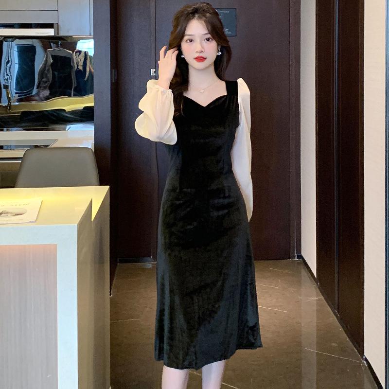 Autumn V-neck Velvet Patchwork Lantern Sleeve Floor-length Cinched Waist Retro Hepburn Dress