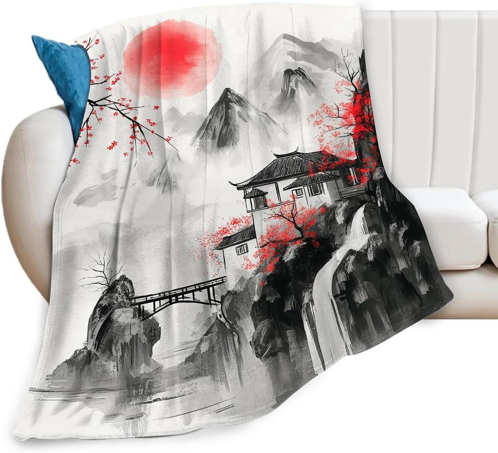 Japanische Überwurfdecke Splash Rot Kirschblüte Geschenke für Mädchen Frauen Männer Jungen Gemütliche Flanell-Fleece Fuzzy Landschaftsdecken