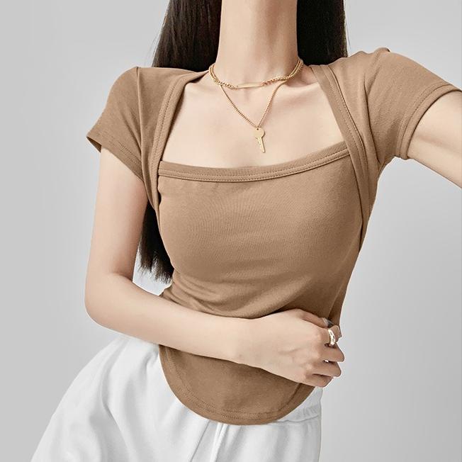 

Женские футболки из чистого хлопка с неровным краем, Харадзюку, лето, с коротким рукавом, с квадратным вырезом, повседневные однотонные приталенные футболки, женские укороченные топы Y2k XL