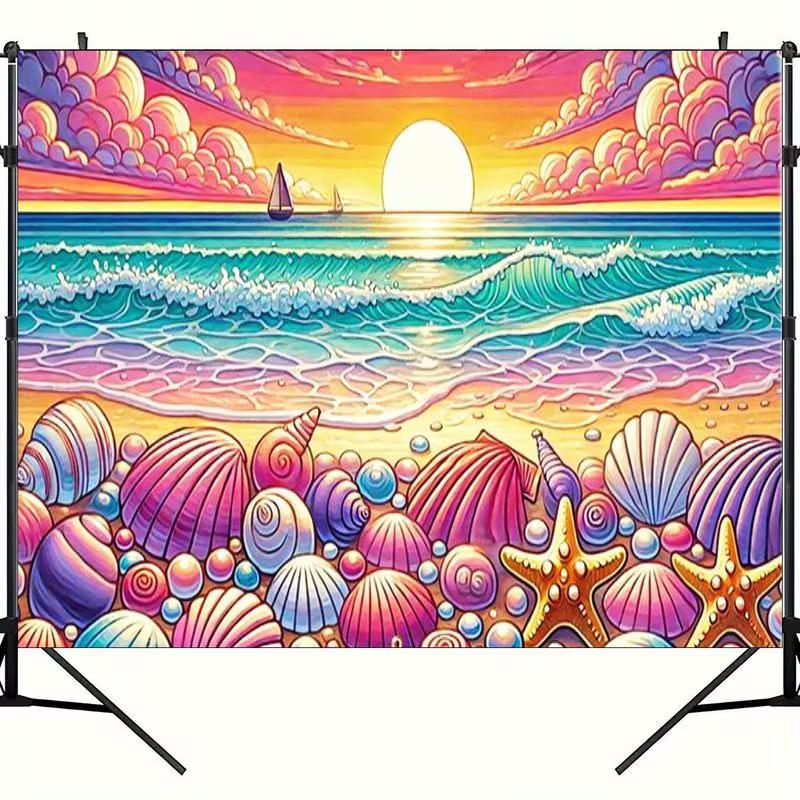 2D Ocean Party Backdrop, Colorful Seashell Beach Sunset Background for Studio