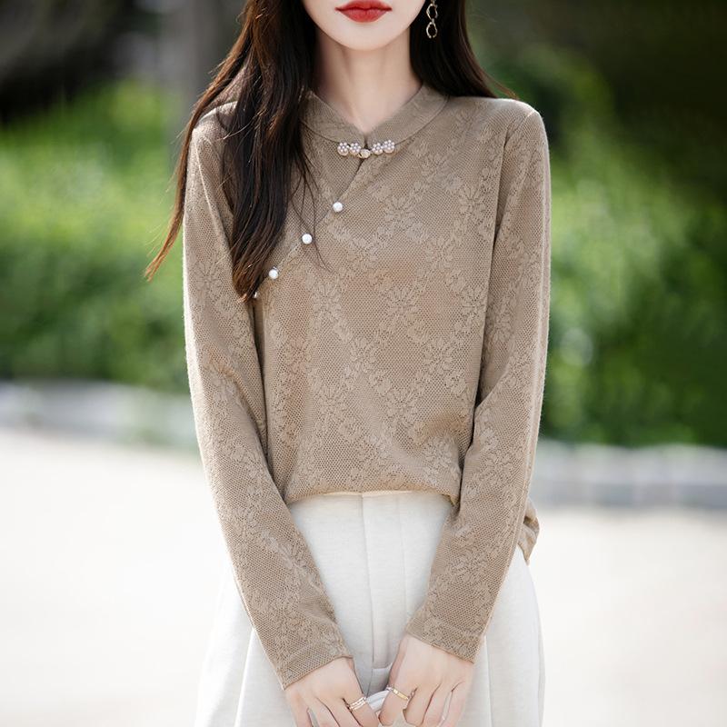 Autumn and Winter New Chinese Plate Button Knitted Top Women's Tops Soft Retro Bottom Shirt