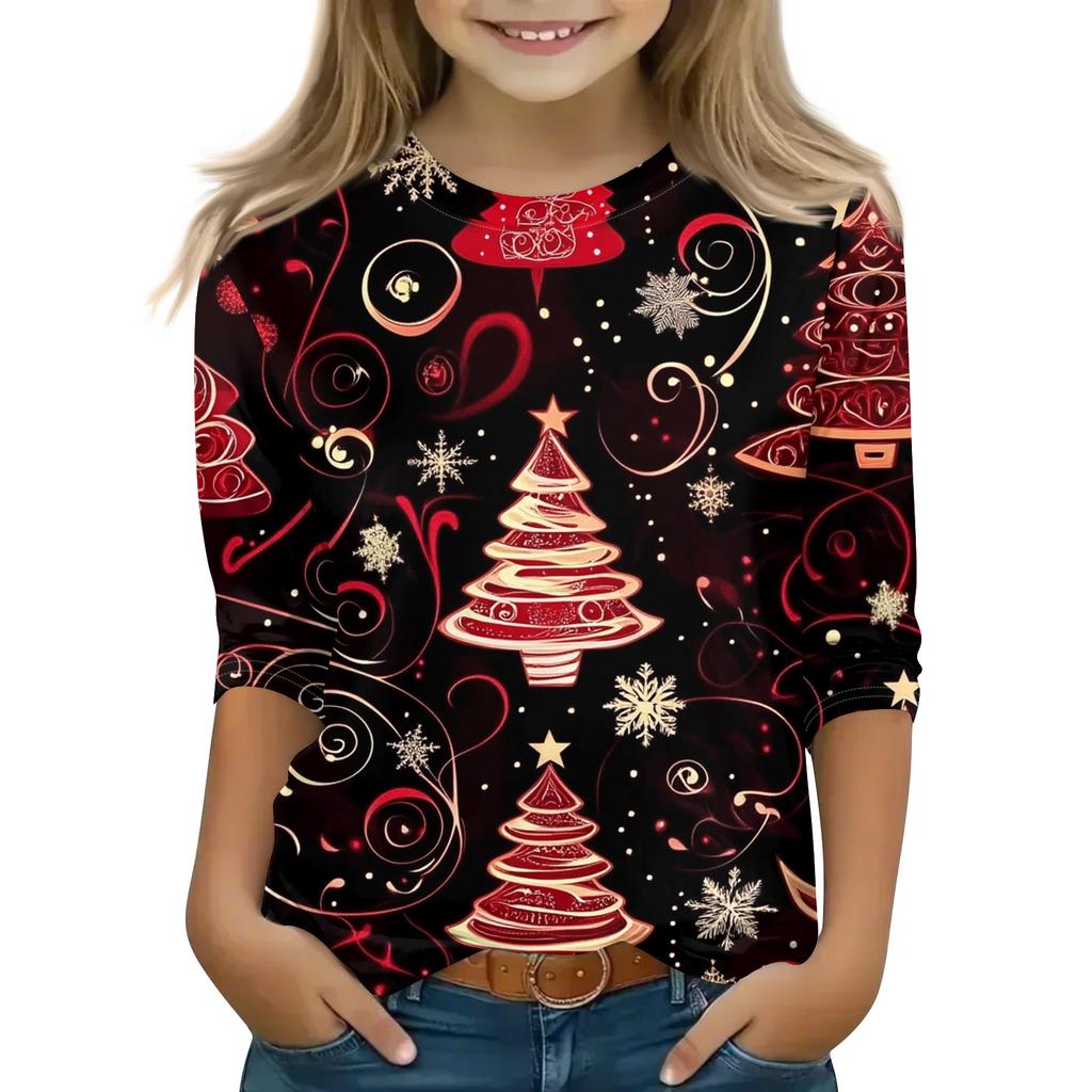 Christmas Day Print Tops For Youth Girls 5-16 Years Round Neck 3/4 Sleeves T-Shirts Trendy Tops Outfit Tees