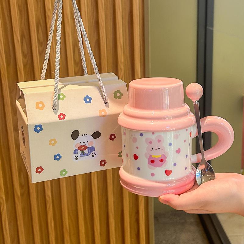 Cute and high-value puppy mug with lid spoon cartoon kitten ceramic cup for girl classmates birthday gift