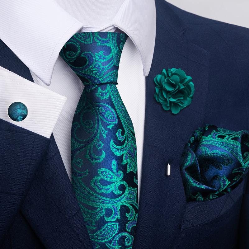 Men 8cm Wide Silk Wed Neck Tie Cufflinks Brooch Pin Handkerchief Business Wedding Party Suits Groom Accessories Gift