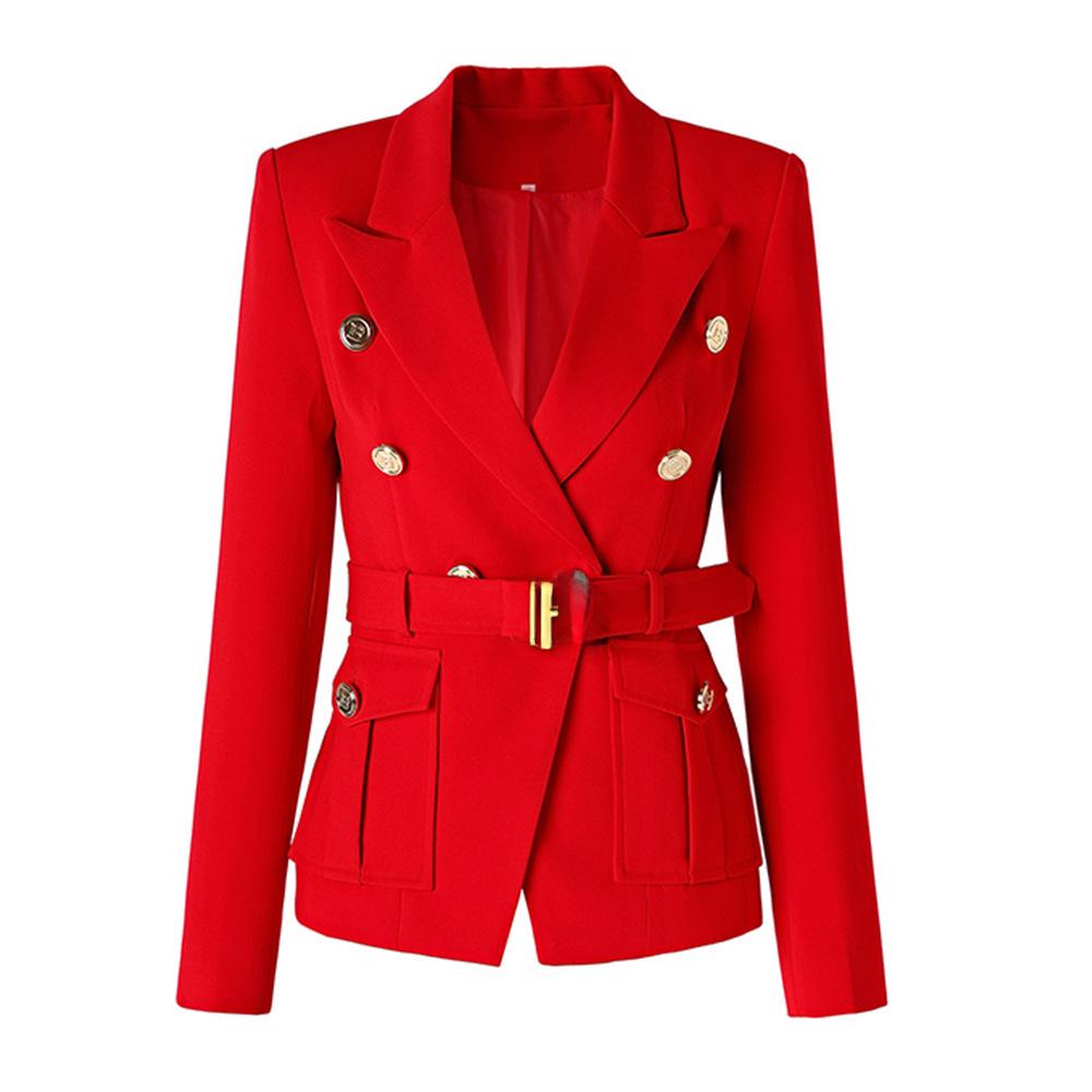 Chaqueta de Traje para Mujer Europea Ajustada Blanco y Negro con Hebilla Metálica