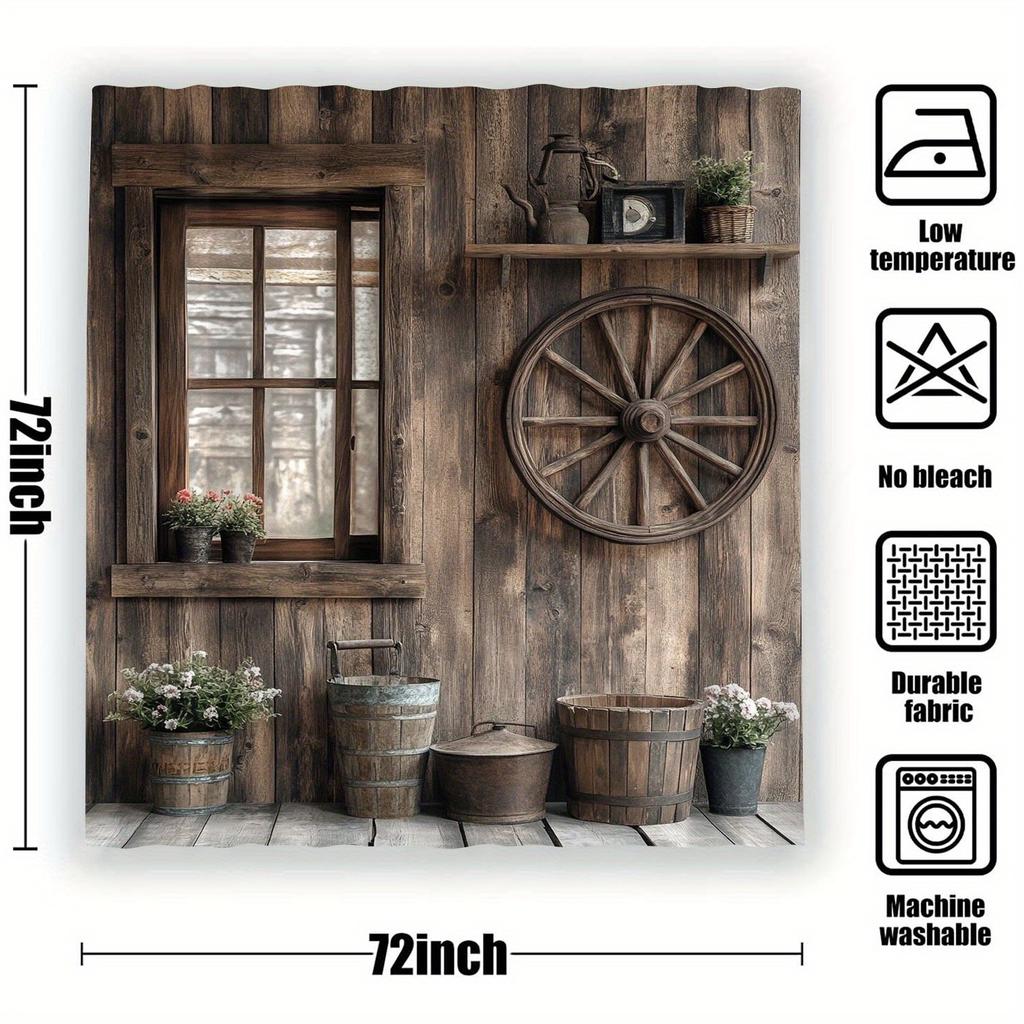 Rustic Wooden Barn Shower Curtain Vintage Window Wheel Bucket Decor Farmhouse Bathroom Art 3D Printed Waterproof Bath Curtain