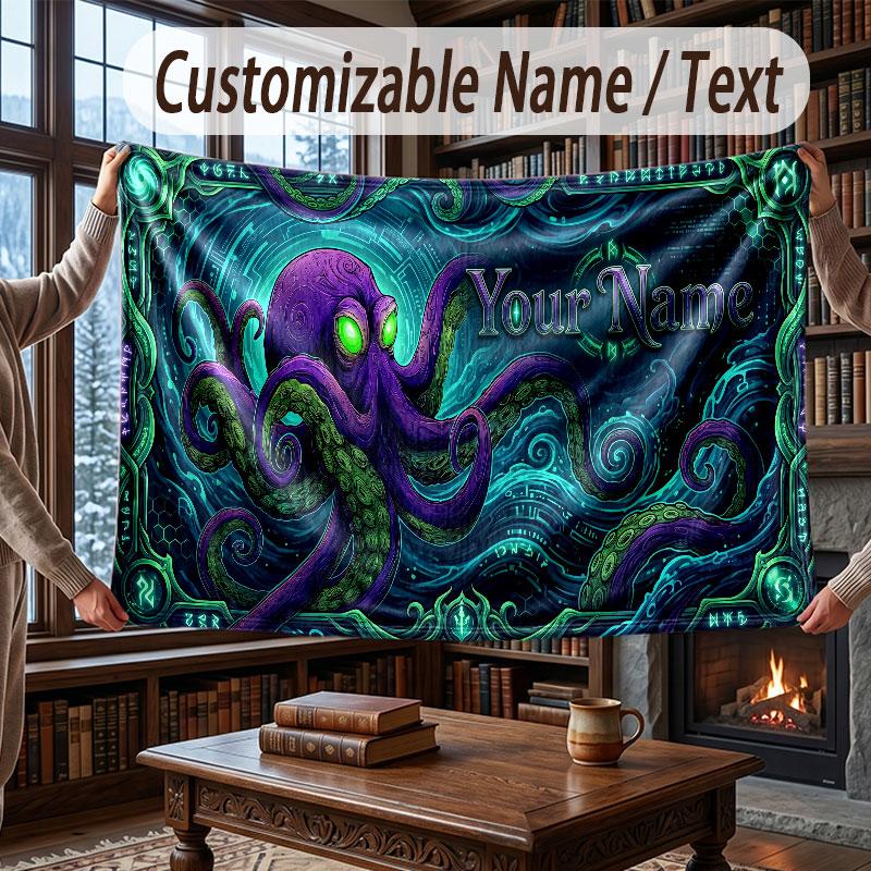 Octopus Sea Life Theme Throw Blanket Custom Name Text Personalized Blanket Soft Cozy Blanket for Home Sofa Bed
