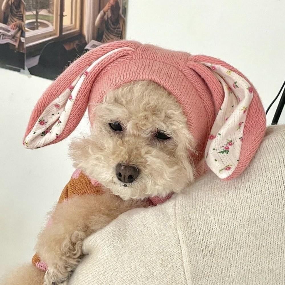 Cute Rabbit Ears Pet Hat Warm Floral Pattern Dog Windproof Cover Comfortable Soft Elastic Pet Headgear Small Medium Dog