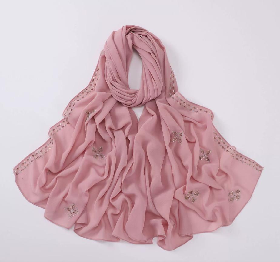 New Chiffon Hijab With Rhinestones Diamonds Scarf Shawls Solid Headscarf Wraps Ramadan Eid Hijabs Glitter Headband Turban
