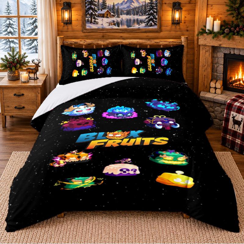 Blox Fruits Pattern Bedding 3Pcs Set Bed Sheet And Pillowcases For Indoor Bedroom