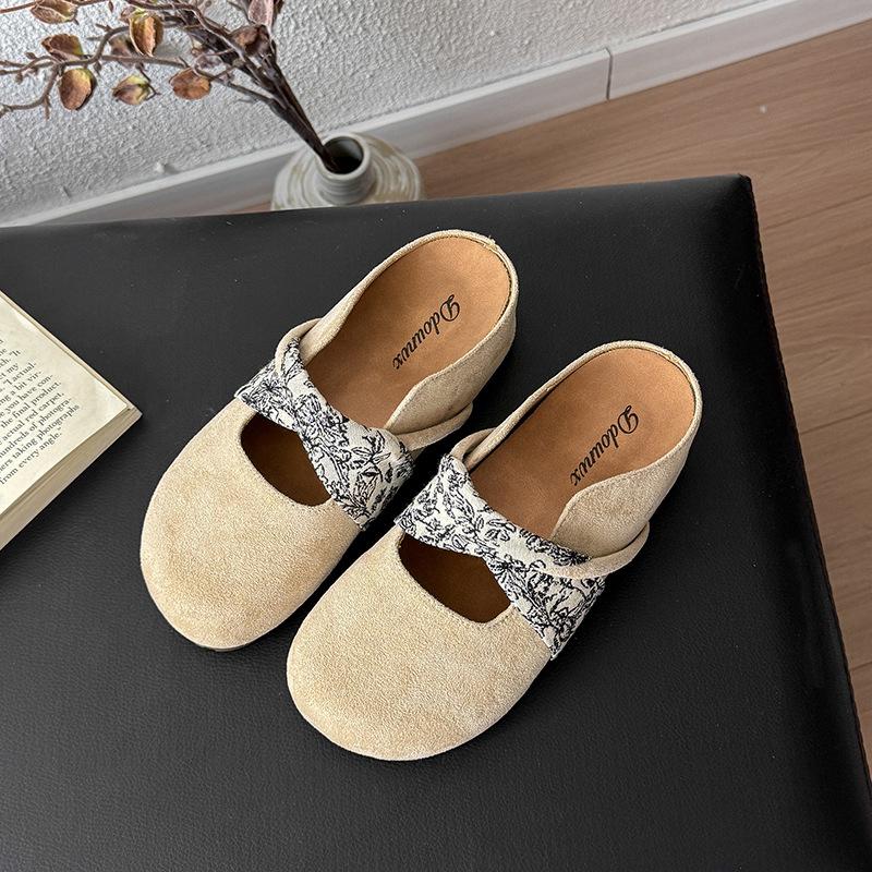 Retro casual girls flat-soled single shoes summer fashion evening breeze round head shallow mouth Mary Jane grandma shoes half a pack of slippers