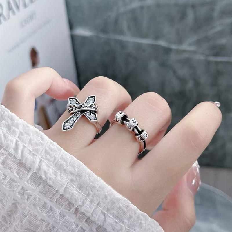 Dark Vintage Vintage Star Cross Open Ring Hip Hop Punk Niche Design Stacked Personality Ring Woman
