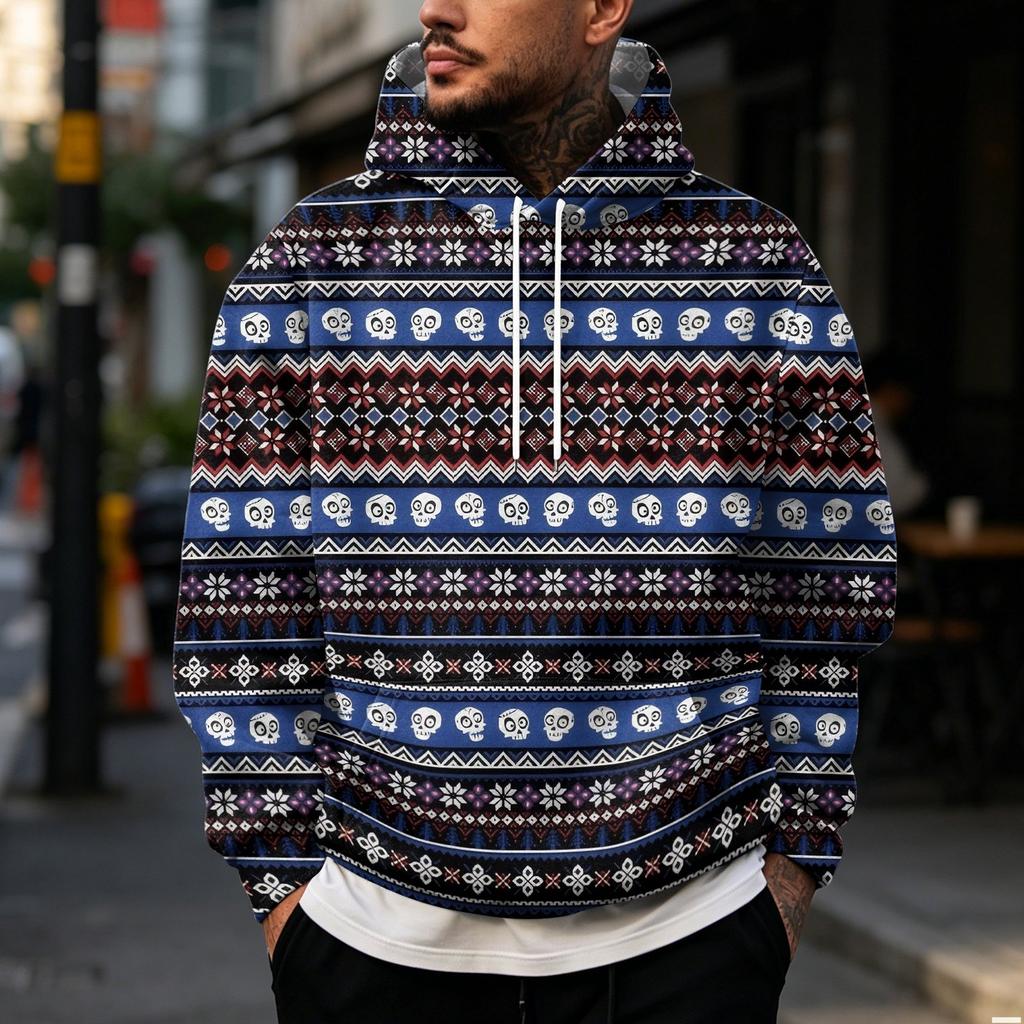 Men's Casual Loose Fit Hooded Sweatshirt with Christmas Print and Large Pockets
