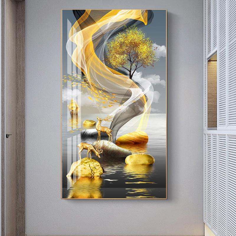 

Китайский фэншуй, золотое богатое дерево, холст, картина, олень, пейзаж, счастливый камень, дзен, постеры, настенное искусство для декора гостиной, Куадрос 50x100cm No Framed