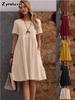 Summer Vintage Loose Pocket Solid Color Crew Neck Chic Women's Cotton Linen Dress