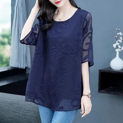 Loose Blouse Summer Casual Half Sleeve Stylish Patchwork Round Neck Commute Midi Shirt