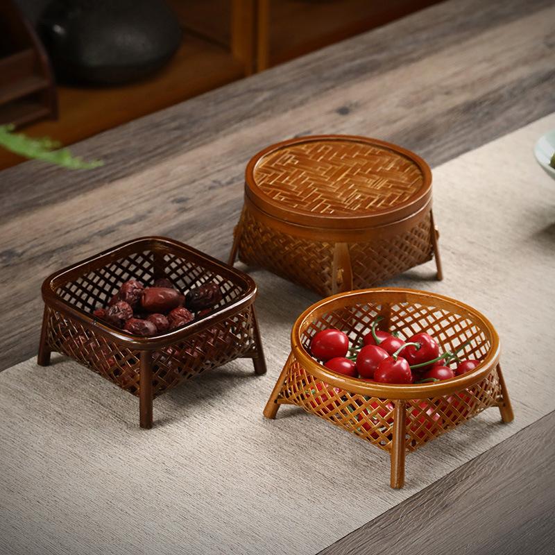 Handwoven Bamboo Fruit Basket with Lacquer Rim, Vintage Snack Box for Tea Parties, Round Storage Holder for Nuts