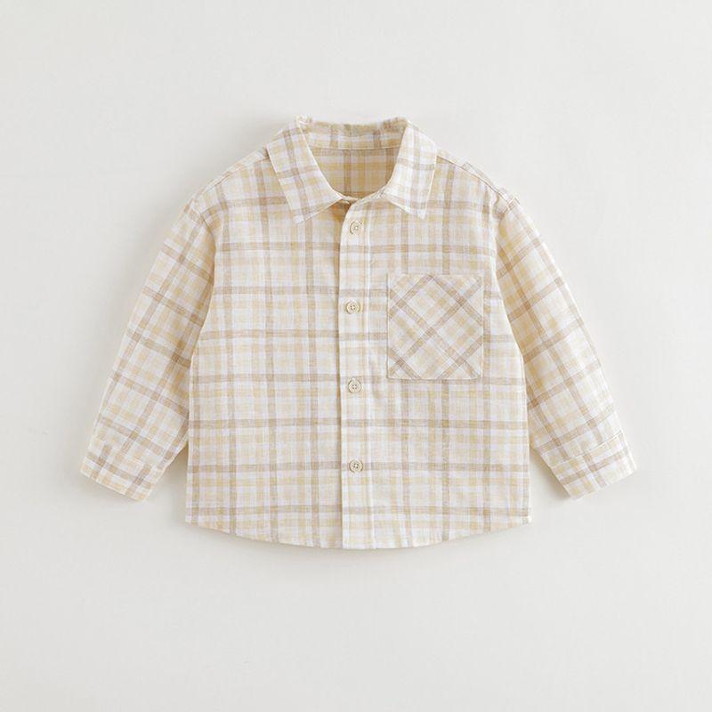 Mark Jenny Boys Cotton and Linen Retro Plaid Shirt Baby Shirt Top 2026 Spring and Summer New Style 550500 Yellow and White Grid 90