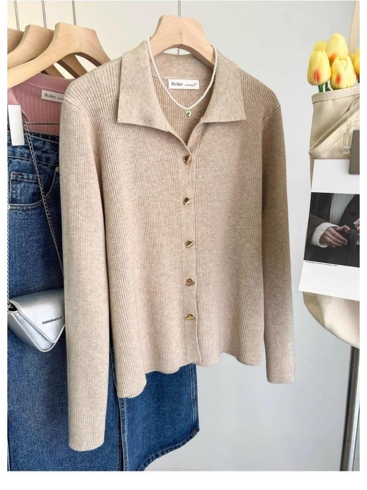 French Elegant Lapel Knitted Sweater Cardigan Women Spring Autumn Vintage Solid Polo Shirt Korea Chic Underneath A Base Layer Clothes