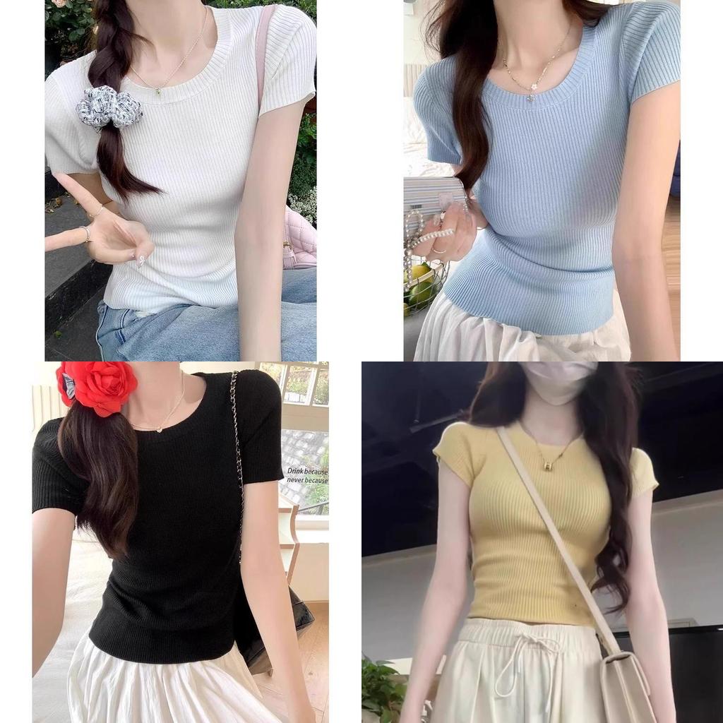 Dopamine Yellow Knit Ice Silk Short Sleeve Tshirt For Summer Casual Wear