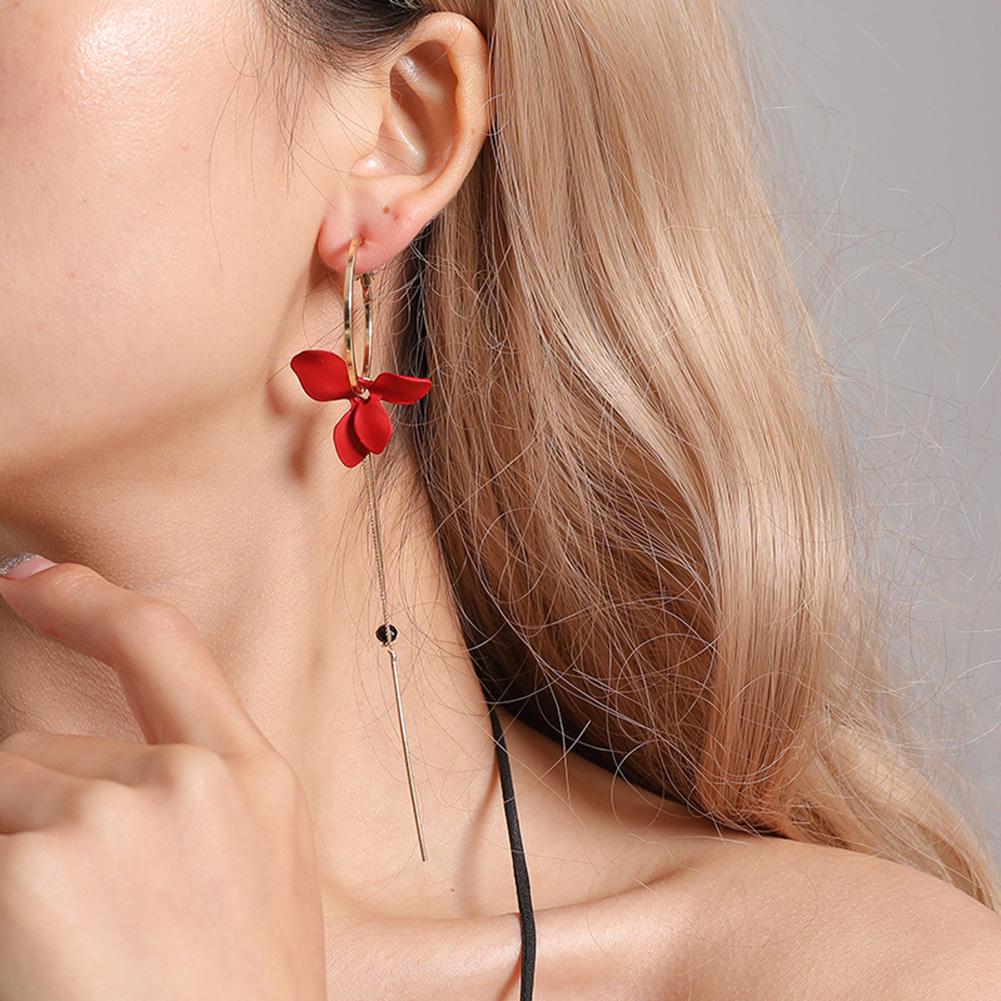 Women Popular Petal Asymmetrical Earrings Geometric Circles Tassel Earrings with Studs