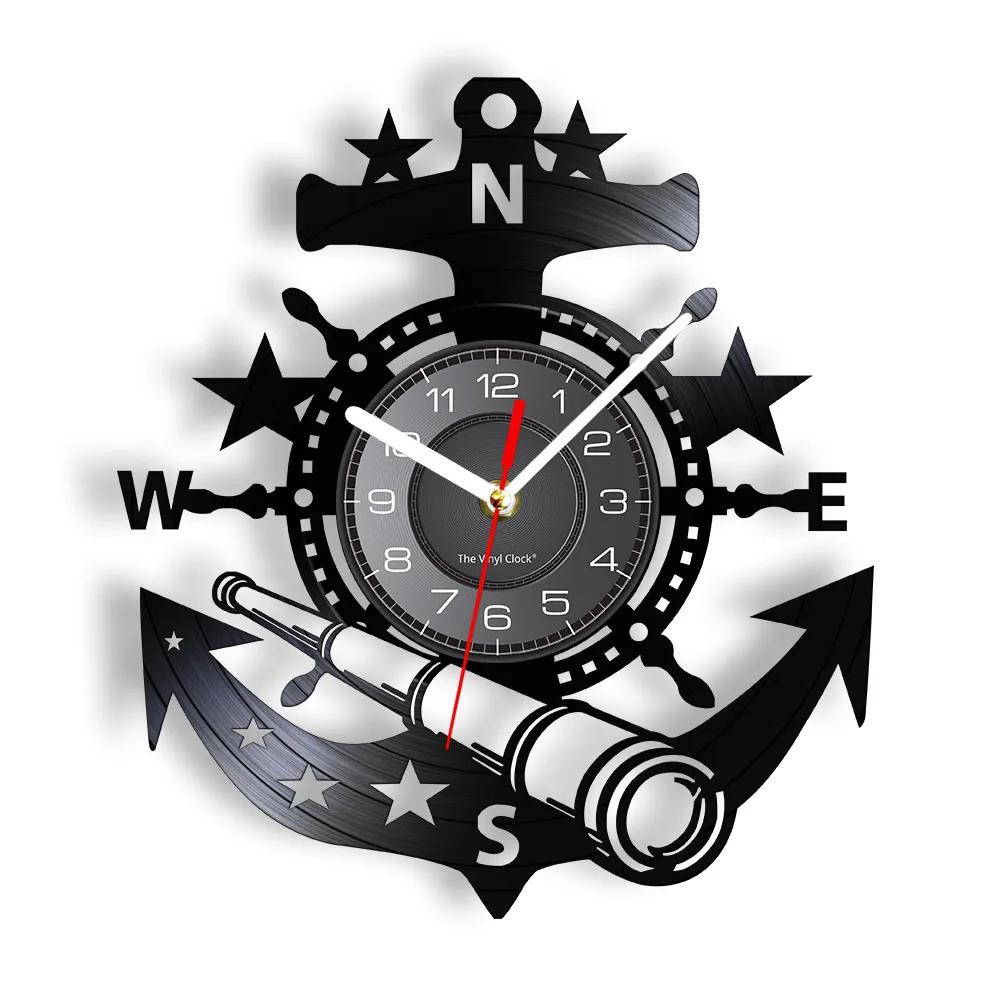 Anchor Ship Navy Compass Vinyl Record Wall Clock Retro Home Wall Decoration Navigation Ship Rudder Art Wall Clock Sailor Gift