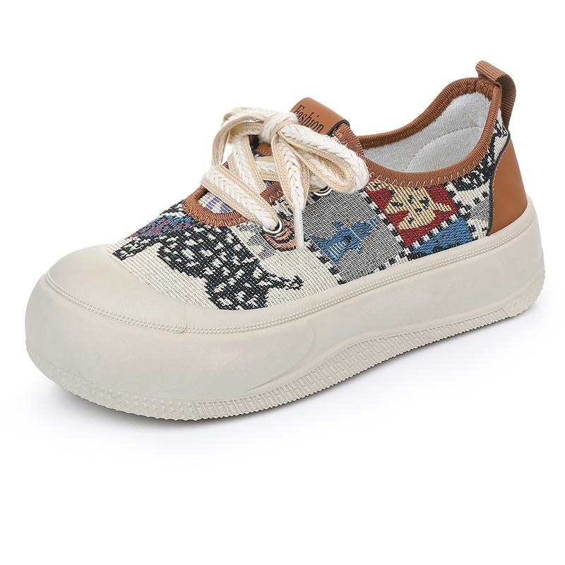 Women's Canvas Shoes round Toe Breathable Summer Lace Sporty Low Heel Casual White Sneakers Comfortable Rubber Outsole