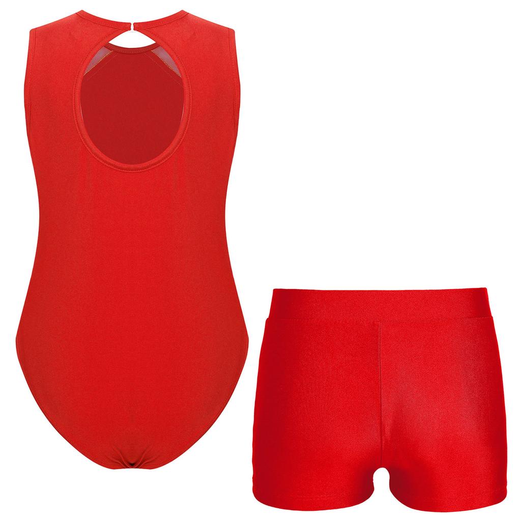 Girls Glittery Rhinestones Gymnastics Outfit V Front Waistband Shorts Keyhole Back Sleeveless Bodysuit Figure Skating Dance