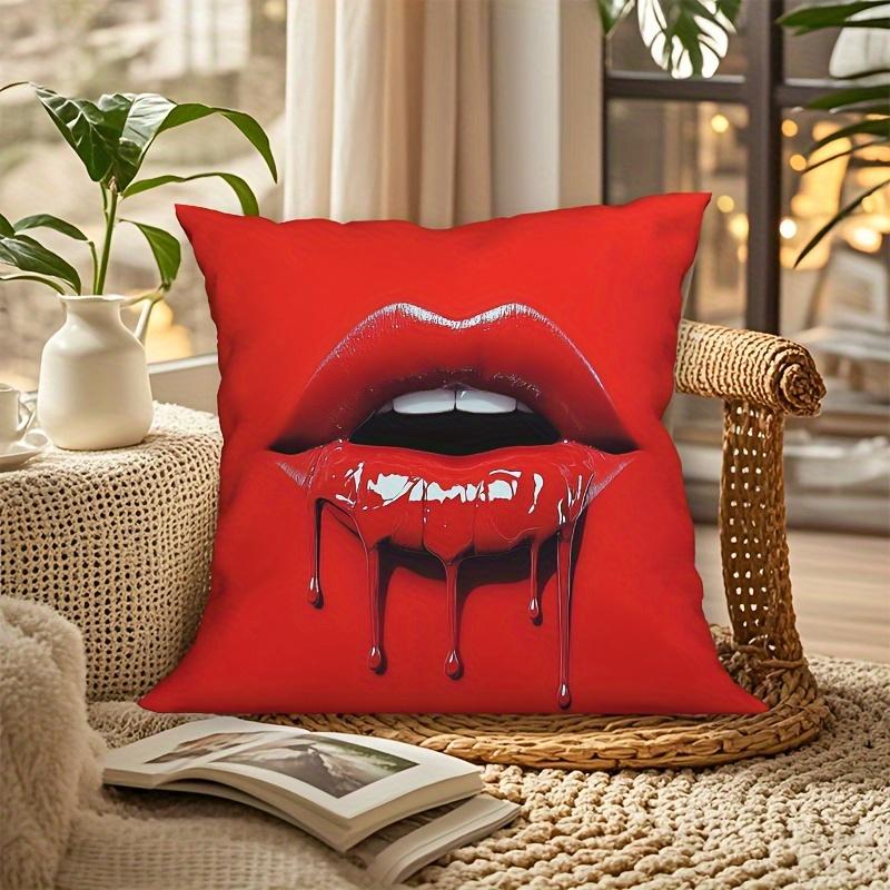 1 piece red lip print pillow cover - bold art design, soft polyester short velvet fabric, 17.7x17.7 inch decorative cushion cover with zipper