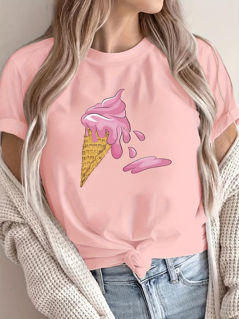 WomenS Casual Ice Cream Print Short Sleeve Crew Neck Tee Regular Fabric Top for Harajuku Sleeve Casual Aesthetic Clothes