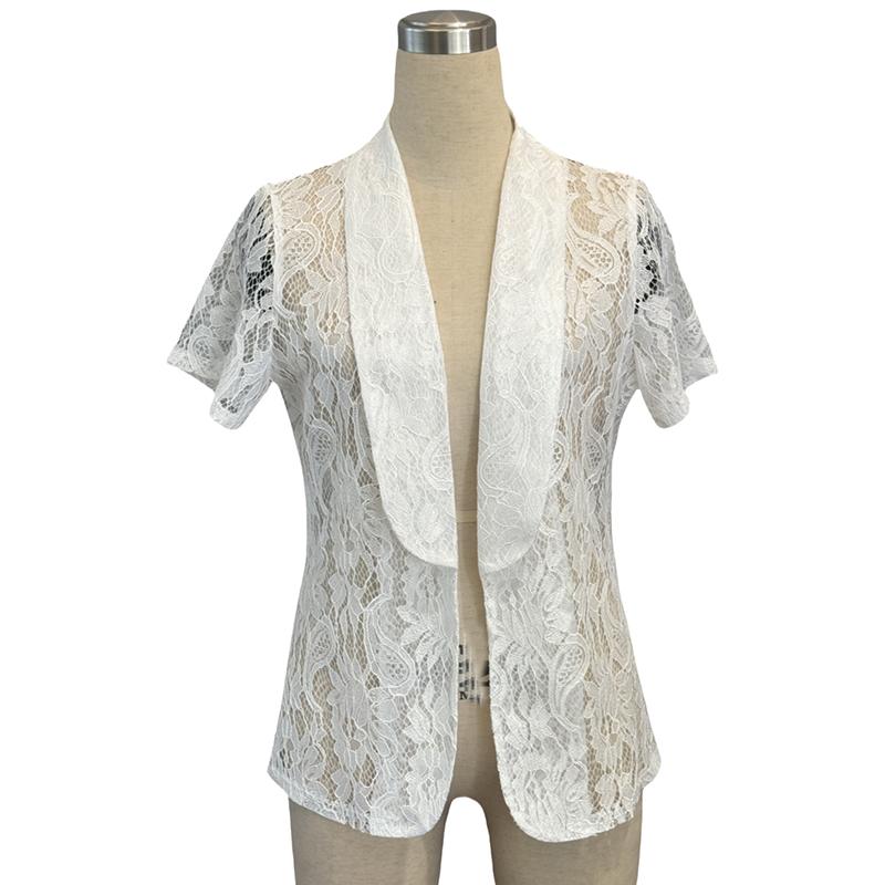 Ladies Short Sleeve Tailored Collar Lace Hollow Out Solid Color Cardigan Jacket Suit Coat