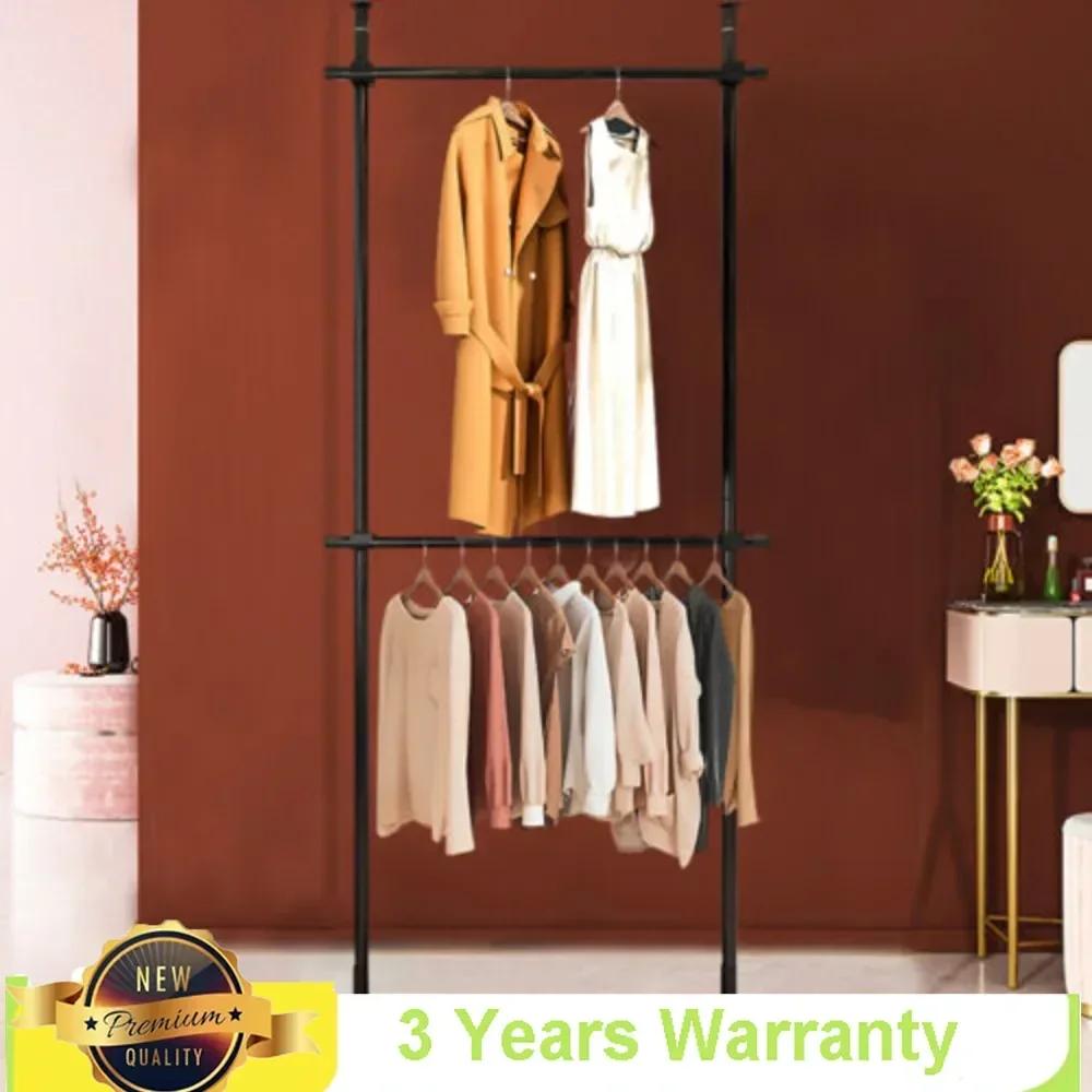 Bymaocar 2 Tiers Household Thicken Stainless Steel Poles Telescopic Drying Hanger Rack Storage Holder Adjustable Height & Length
