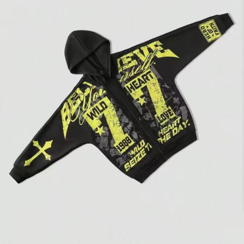 Oversized Hooded Zip-Up Sweatshirt With 3D Cross Letter Print Streetwear Unisex Casual Top