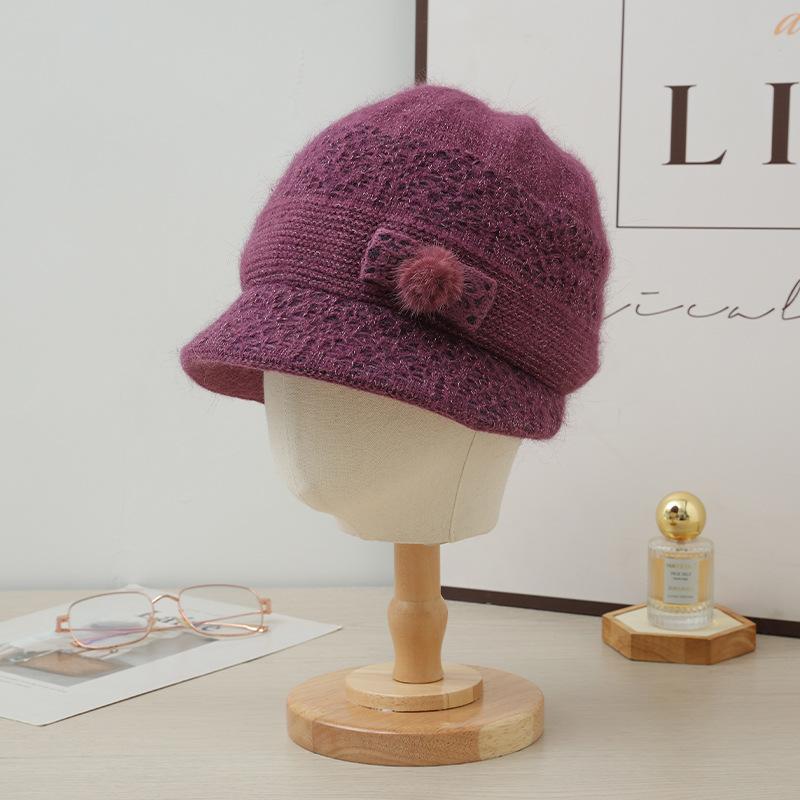 New Autumn and Winter Two Color Plush Bow Warm Basin Hat Versatile Bright Silk Rabbit Hair Basin Hat Can Scarf Cold Proof Set