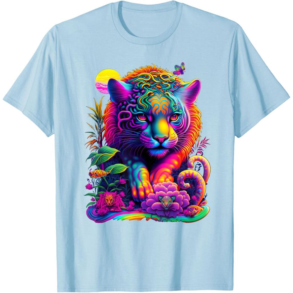 Vibrant Neon Jungle Cat Graphic Tshirt Men Summer Casual Breathable Crewneck Tee