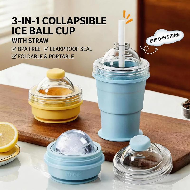 3 in 1 TPR Ice Cube Molds Cup BPA Free Portable Foldable Ice Ball Maker with Straw for Office Home Iced Beverages