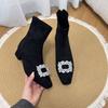 Beautiful Suede Inner Height Increase CM Small Thin Boots Women's Fleece Square Head Rhinestone Thick Heel Commuter Short Boots