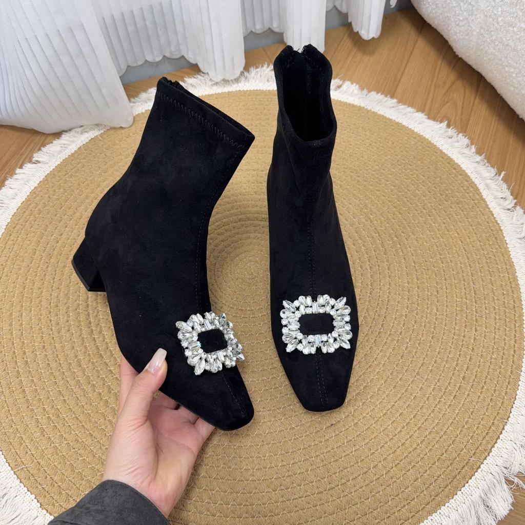 Beautiful suede inner height increase CM small thin boots women's fleece square head rhinestone thick heel commuter short boots