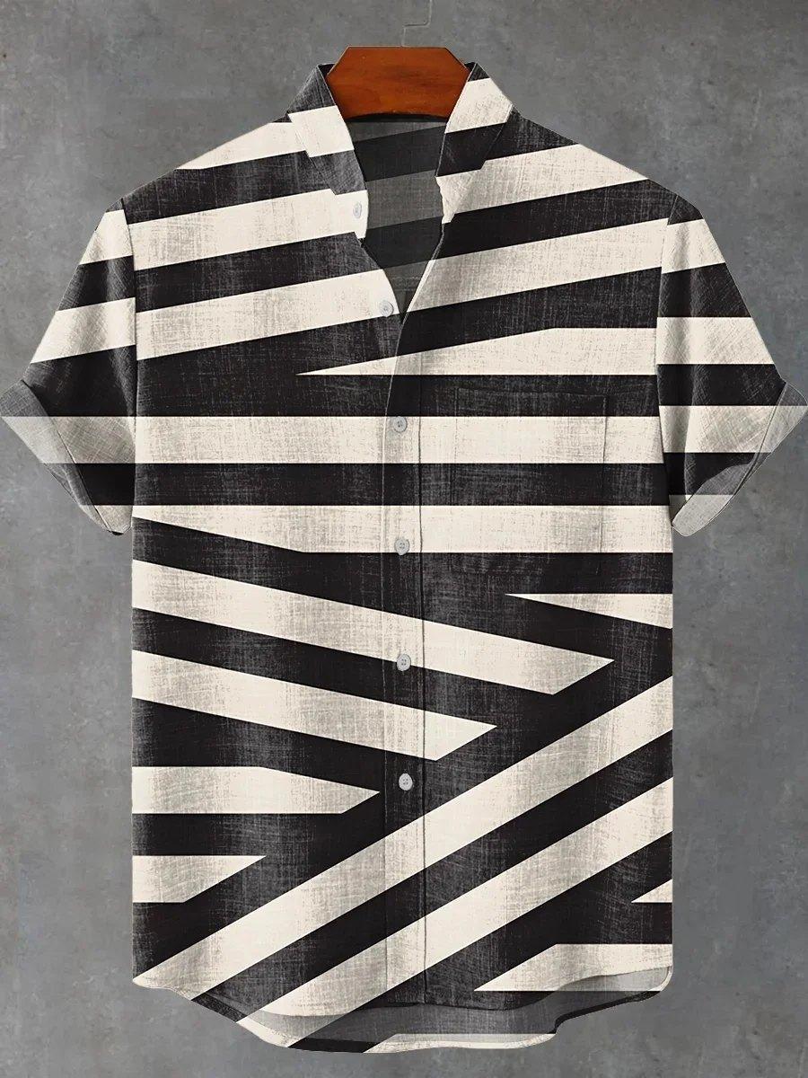 Summer new linen fashion men s D print short-sleeved shirt stand-up neck cardigan top wholesale S