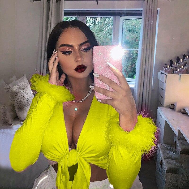 Women Bodycon Cropped Tops Solid Color Shirt  Sexy Short Cropped Top Plunging Neckline Long Sleeve Tops with Fur Cuffs