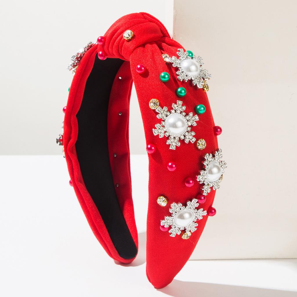 Women Christmas Snowflake Hairband Fashion Satin Studded with Rhinestone Pearls Headband Girls Party Hair Styling Accessories