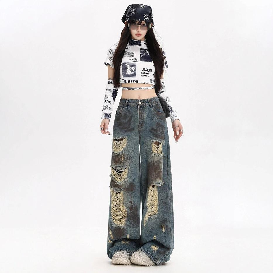 Comfortable Street Broken Holes Jeans Women Autumn Retro Loose Casual Washed Straight Wide Leg Pants Street Style Drag Floor Trousers Long Denim Pants
