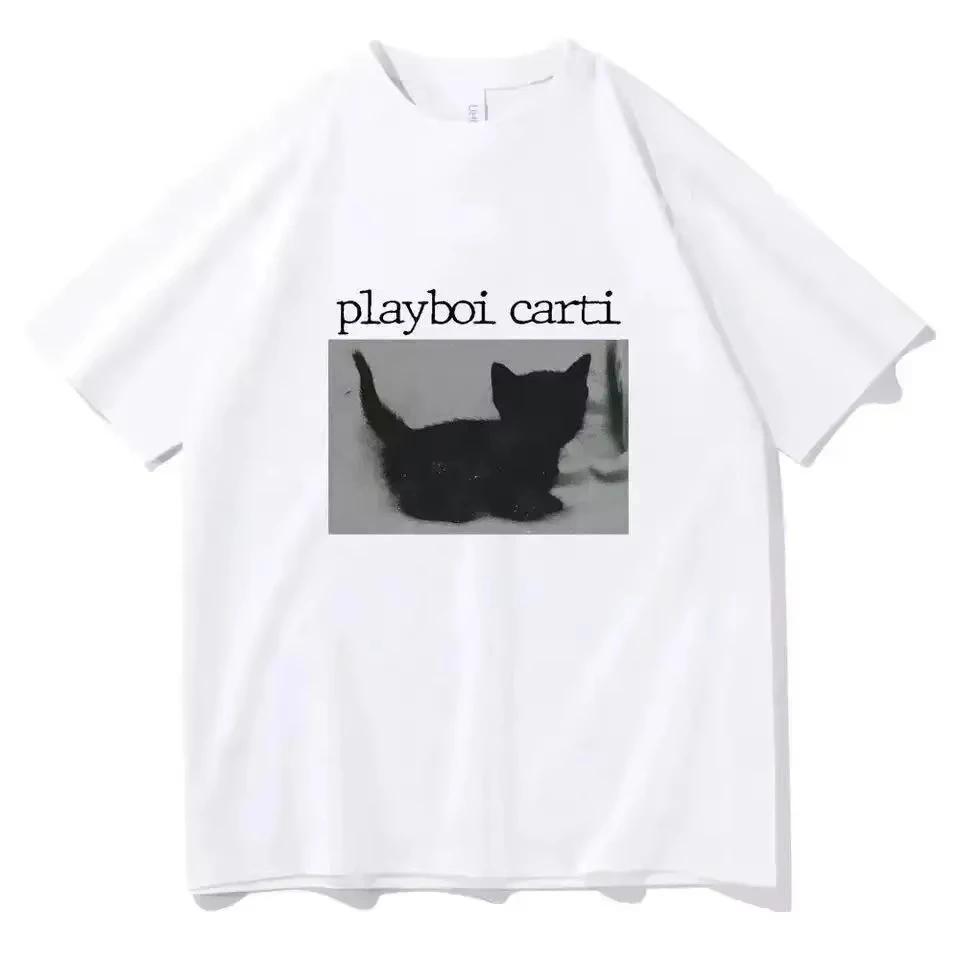 2025 Summer Playboi Carti Oversized Hip-Hop T Shirts Cute Cat Harajuku Print Tee Regular Mens Tops Quality Rapper T Shirt