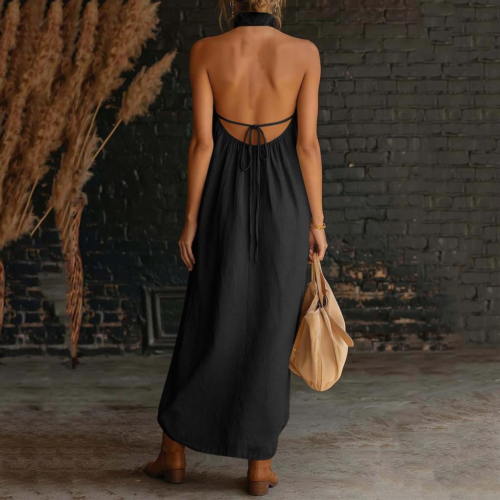 Women V Neck Sleeveless Maxi Dress Loose Fit Backless Casual Sundress with Pockets for Daily Wear Beach Vacation